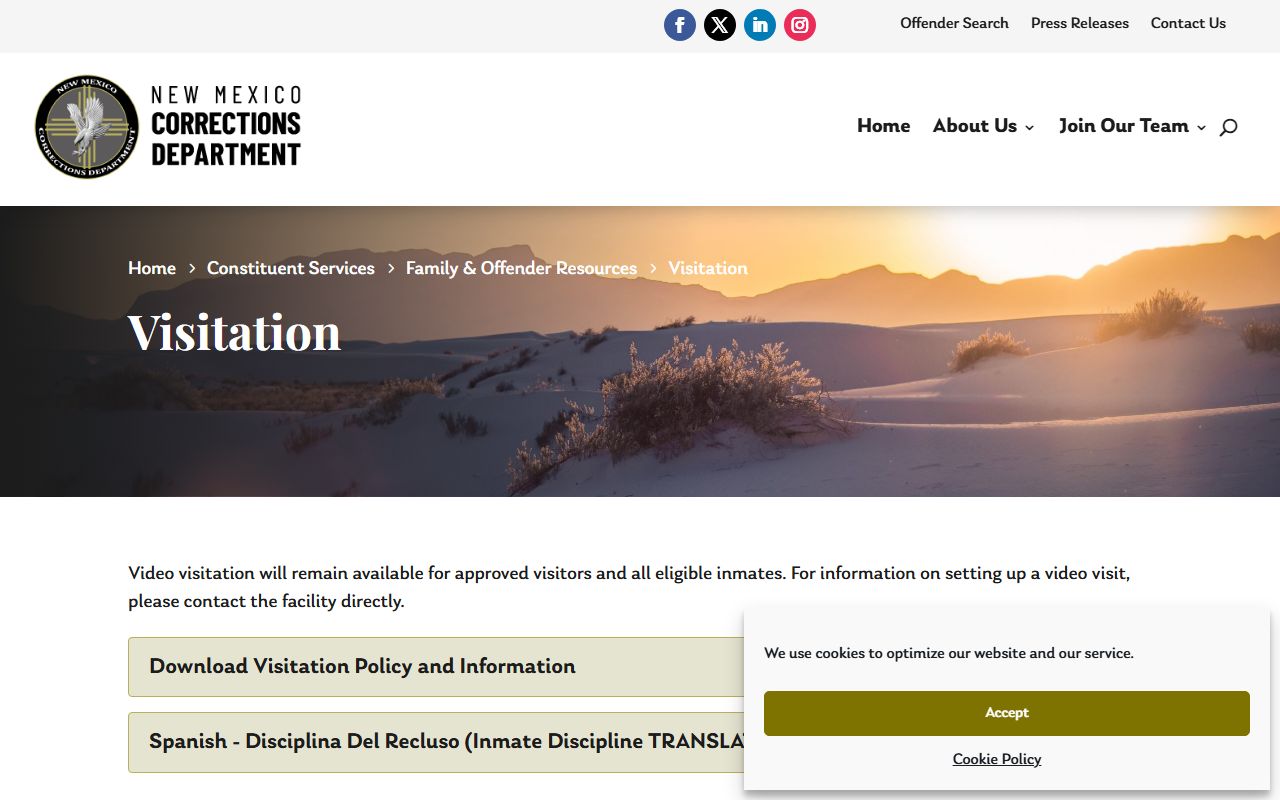 NMCD visitation page for Roswell Correctional Center